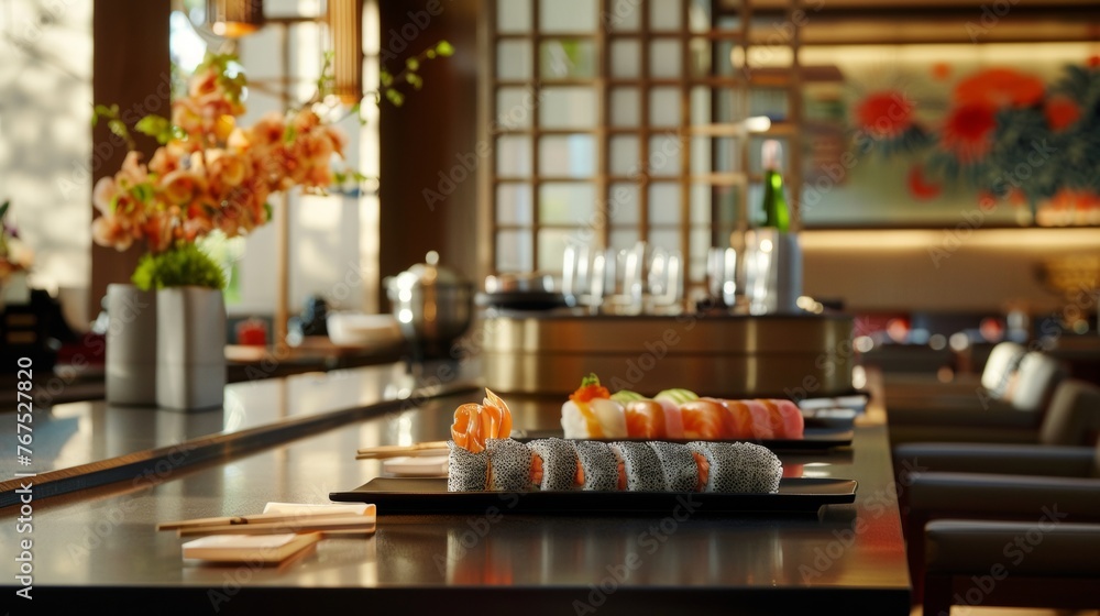 Gourmet sushi meal set against the backdrop of an elegant Asian-inspired dining room