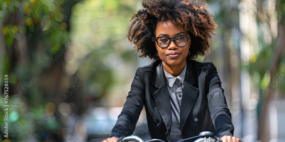 Professional executive Black business woman riding bike to commute to work - obrazy, fototapety, plakaty 
