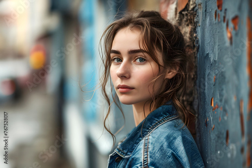 portrait of a beautiful young woman in a blue denim shirt
