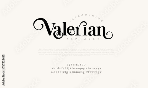 Valerian premium luxury elegant alphabet letters and numbers. Vintage wedding typography classic serif font decorative vintage retro. Creative vector illustration