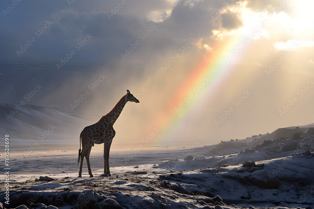 giraffe in the African savanna in the sunlight with a rainbow. mammals and wildlife - obrazy, fototapety, plakaty 