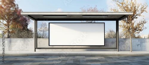 A horizontal blank white billboard at a bus stop is shown in a side view. It is a commercial concept and a mock-up. photo