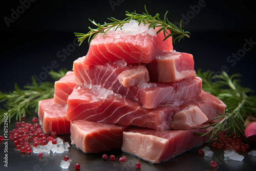 Fresh raw meat cut into cubes on a black board with spices and herbs on a dark background. protein food