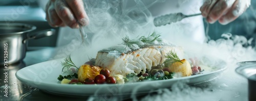 Superior culinary skills on display with chefs preparing elegant sea bass and flounder dishes photo