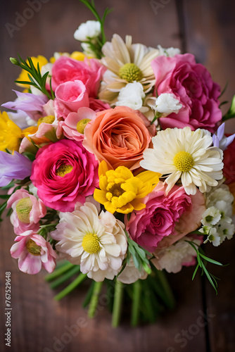 Vibrant Blossom: An Artistic Arrangement of Fresh Roses, Tulips, Daisies with Rustic Background