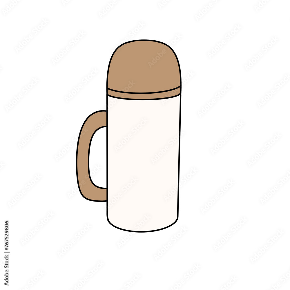 A mug with a brown lid sits on a white background. The mug is empty and has a brown handle A mug with a brown lid sits on a white background. The mug is empty and has a brown handle