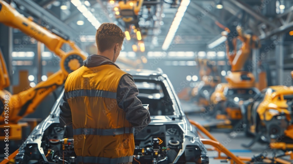 Fototapeta premium A car factory engineer stands and watches the assembly of cars with robots.