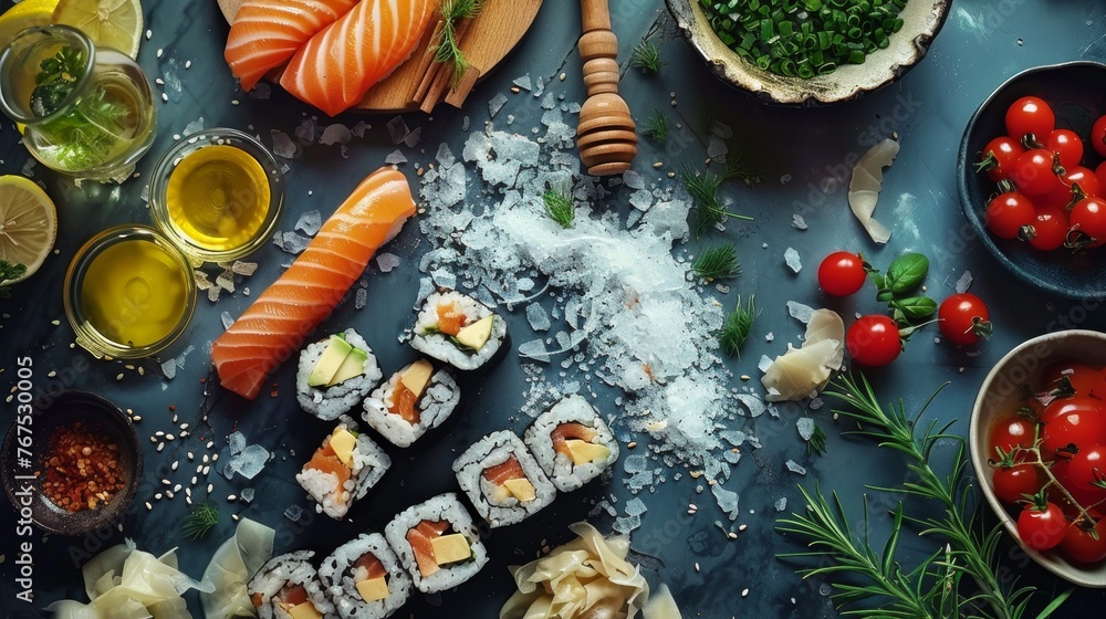 Sushi rolls next to their ingredients Sushi rolls next to their ingredients