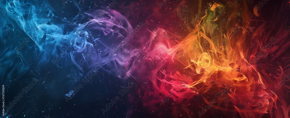 Cosmic energy flows in vibrant hues of blue, purple, and gold, creating an abstract nebula of colors, perfect for dynamic and inspirational themes.