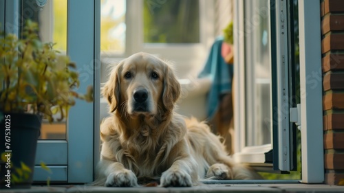 Golden Retriever longing at an open window - A dog's longing for its owner is poignantly captured as it gazes outside from an open window