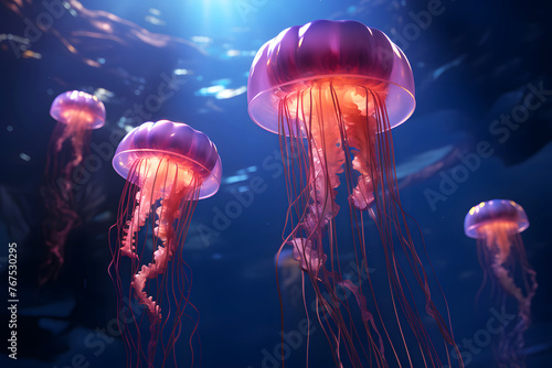 colored jellyfish in the tropical sea. underwater life in ocean jellyfish. © photosaint