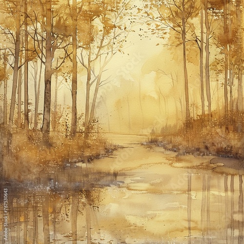 A serene river flowing through a golden watercolor painted forest