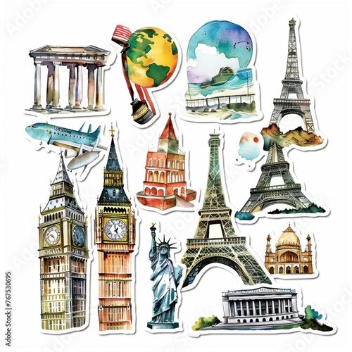 Bright and cute travel-themed stickers in watercolor famous landmarks