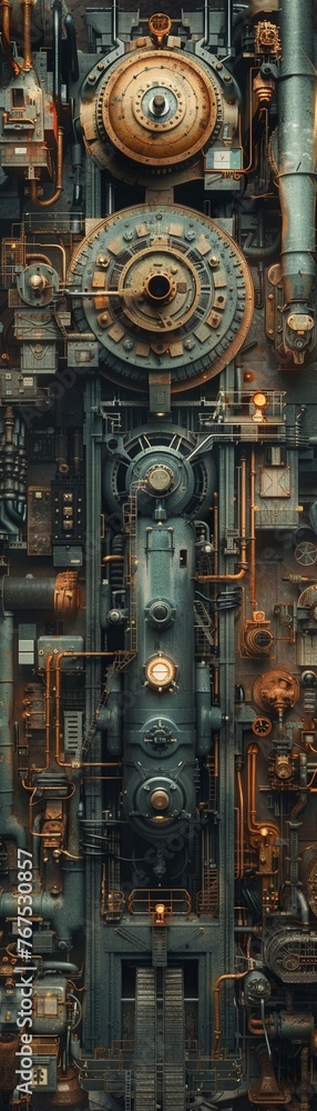 Illustrate the evolution of industry and technology through a mesmerizing aerial perspective Merge past and present elements like steam engines with modern machinery to tell a captivating visual story