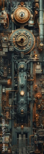 Illustrate the evolution of industry and technology through a mesmerizing aerial perspective Merge past and present elements like steam engines with modern machinery to tell a captivating visual story © panyawatt