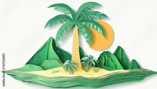 Tropical island scene in paper cut-out style with palm tree