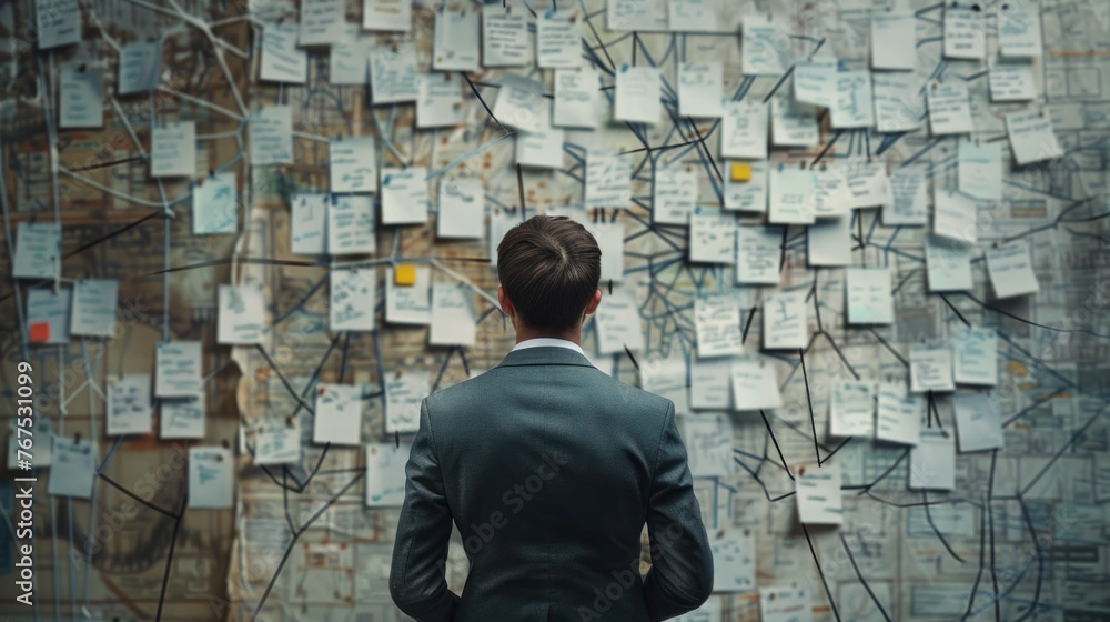 Man in front of wall full of notes