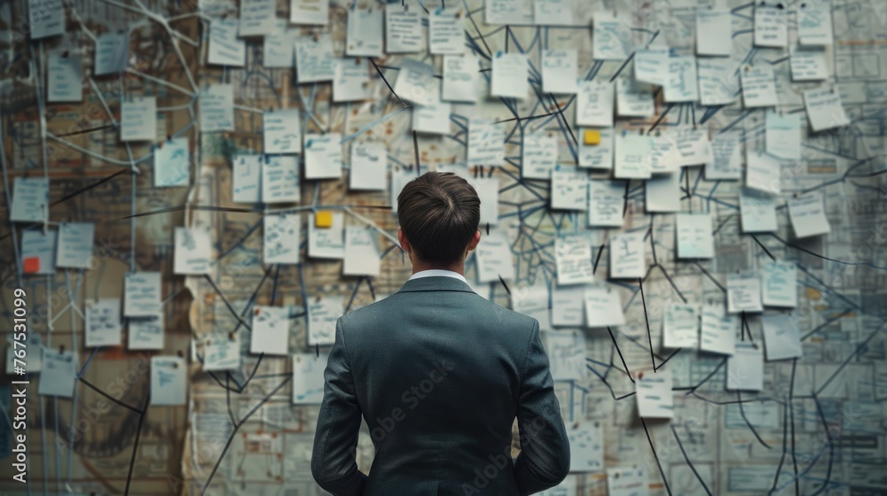Man in front of wall full of notes Man in front of wall full of notes