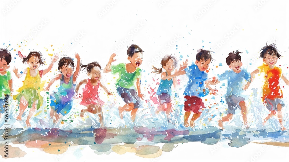Lively watercolor representation of Songkran with children running and laughing