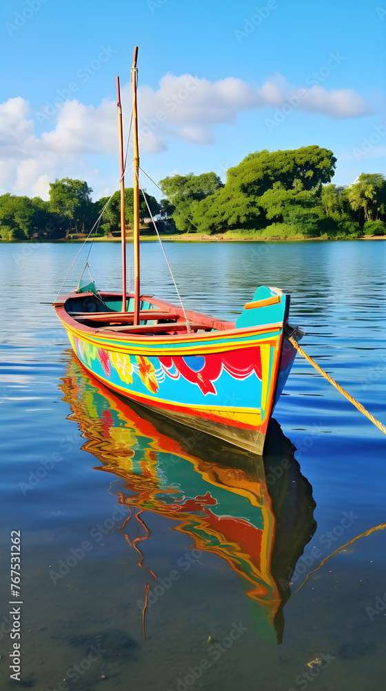 Pristine Waters: A Traditional bk Boat Anchored on a Serene Lake with the Horizon Fringed by Tranquil Shores