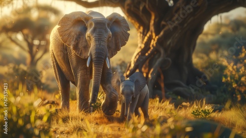 Elephants in a golden savannah sunset - An intimate scene of elephants in the savannah basking in the warm glow of a sunset