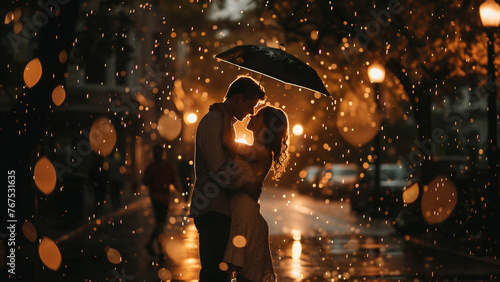 Romantic couple kissing under umbrella in rain. Love and passion.