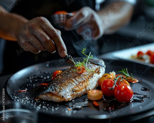Upscale restaurant scene depicting the intricate preparation of an exceptional sea bass dish
