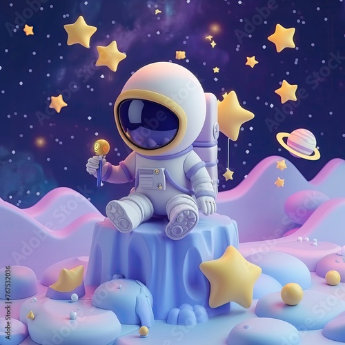 Cartoon space adventure in soft pastels, playful exploration among the stars ,3D render