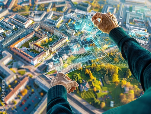 A person is holding a tablet and looking at a cityscape. Concept of wonder and curiosity as the viewer looks at the city from a bird's eye view. The tablet appears to be a tool for exploring the city photo