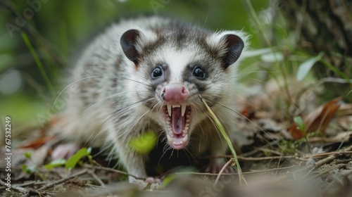 A blurred closeup of an opossums long snout revealing sharp teeth and a pink nose as it sniffs the ground for food.