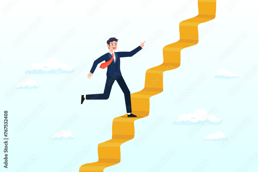 Businessman climb up stair way to success, ladder of success, stair way to succeed and reach business target, growth or growing career path, motivation and challenge to success opportunity (Vector)