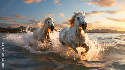 Thoroughbred muscular horses running on the water near the shore. mammal. biology and fauna