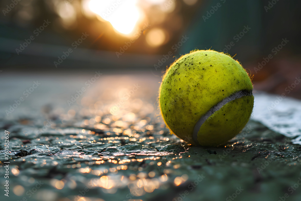 Tennis ball against sunset background. equipment and sports item