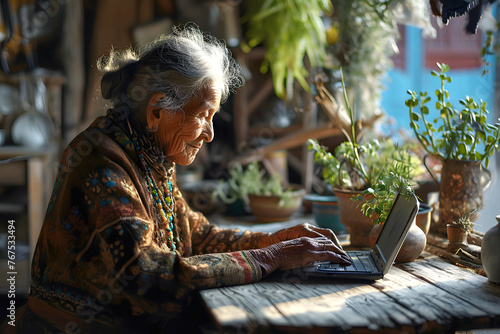 old lady working on laptop in her old house © photosaint