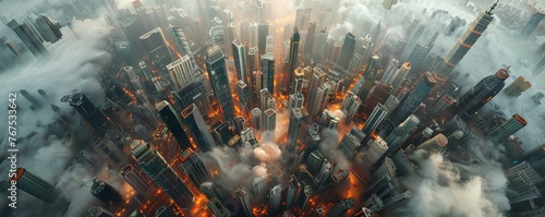 Dazzle clients with a top-down view of a cityscape merging utopian and dystopian features Depict contrasting scenes like renewable energy skyscrapers alongside polluted slums, reflecting modern societ photo
