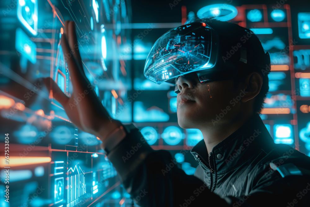 Futuristic Interface Interaction with Virtual Reality Headset Futuristic Interface Interaction with Virtual Reality Headset