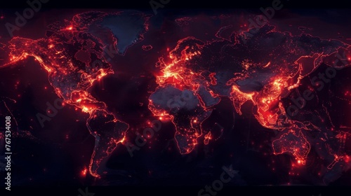 A map of the world showcasing continents, countries, and oceans in red and black colors.