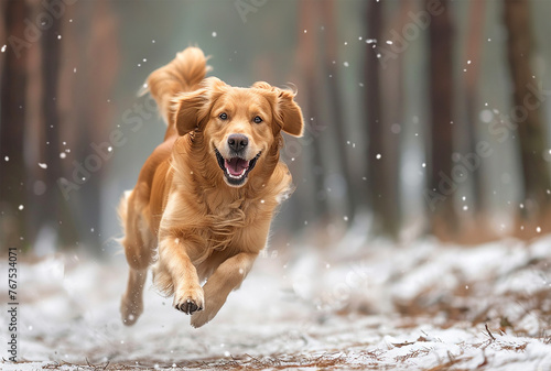 Golden retrievers, winter joy run in forest