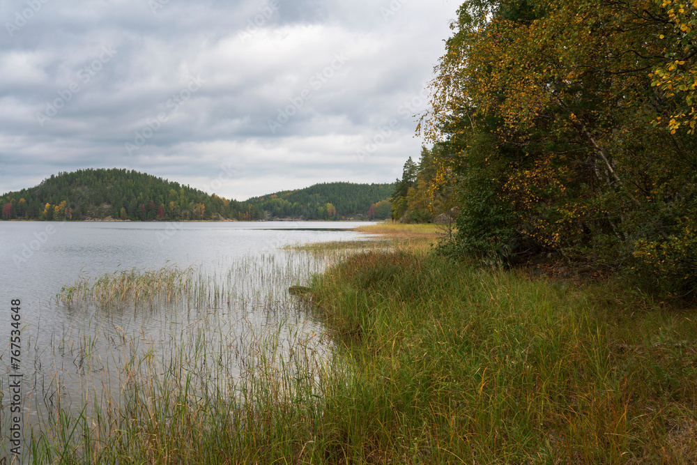 Obraz premium View from the shore of Lake Ladoga near the village of Lumivaara on a sunny autumn day, Ladoga skerries, Lahdenpohya, Republic of Karelia, Russia