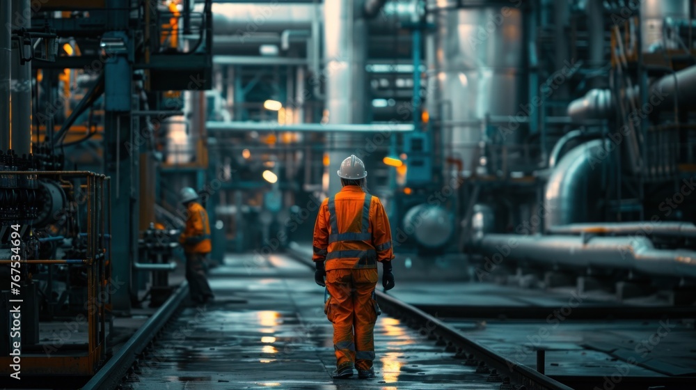 Workers walking in industrial plants Workers walking in industrial plants