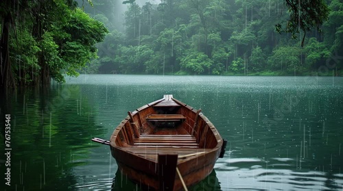 Solitude on the Lake: A solitary wooden boat floats peacefully on the calm waters of an isolated lake, surrounded by unt Seamless looping 4k time-lapse virtual video animation background. Generated AI photo