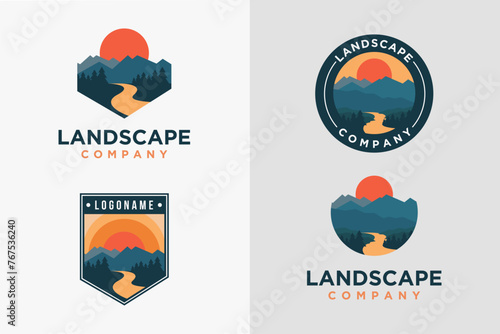 Set of badge emblem mountain and river landscape adventure logo icon vector template on light background