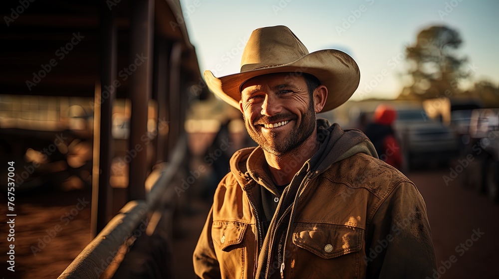 Portrait of a modern and smiling cowboy in the foreground with pickup trucks and trailers in the background.