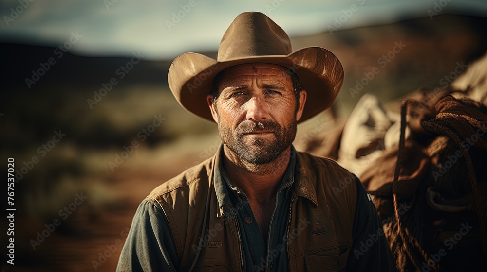 Portrait of a modern cowboy in close-up next to his horse. Portrait of a modern cowboy in close-up next to his horse.