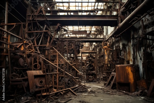 Rusty Steel Cage in a Desolate Industrial Warehouse with Piles of Scrap Metal