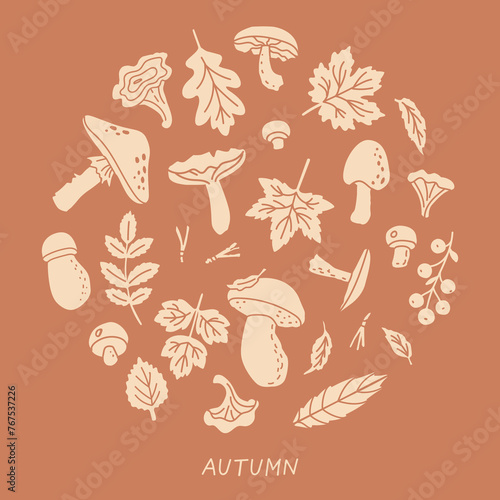 Autumn leaves and mushrooms. Vector illustration set for card, poster, season decoration