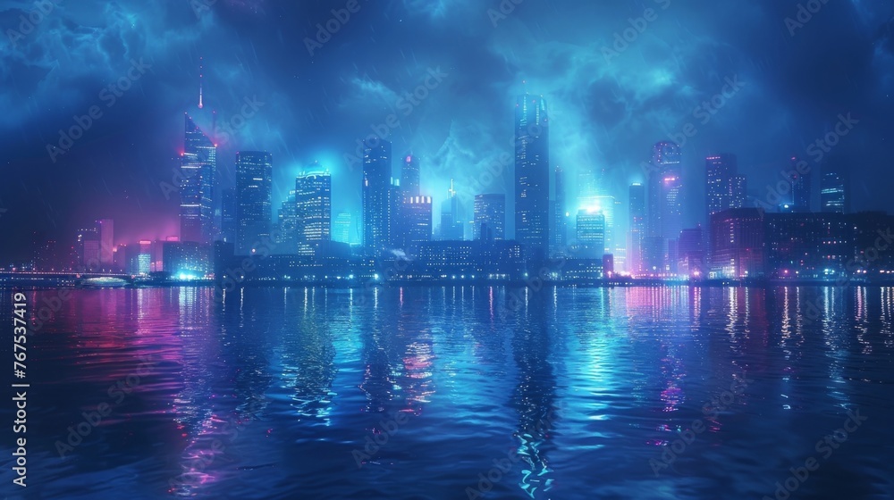 A city skyline at night with ethereal ghostly figures floating above the buildings.