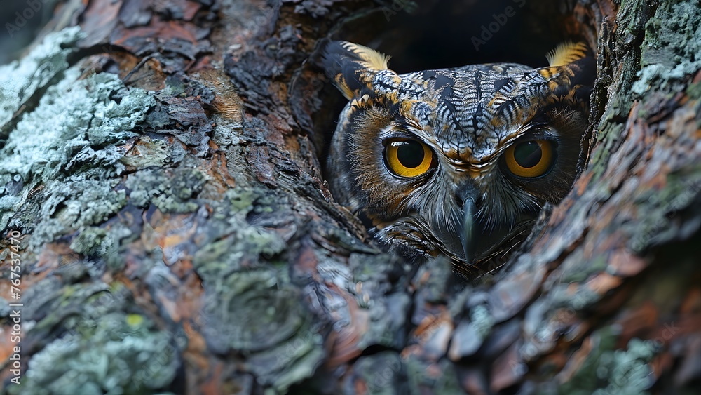 Close-up illustration of a bright yellow big-eyed owl's face on a tree. Owls can convey wisdom, knowledge, intelligence, mystery, black magic, nature, forests, wildlife with space in image for text. Close-up illustration of a bright yellow big-eyed owl's face on a tree. Owls can convey wisdom, knowledge, intelligence, mystery, black magic, nature, forests, wildlife with space in image for text.