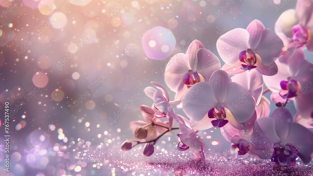 Orchid flowers with glitter bokeh background. Copy space.	
 - obrazy, fototapety, plakaty 