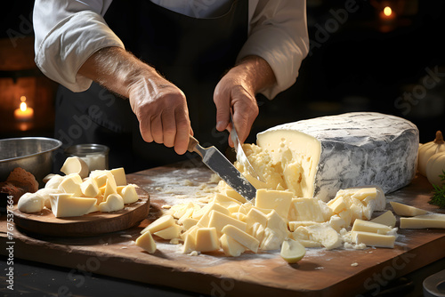 The cook cuts fresh cheese into portions on the table. delicious and healthy food